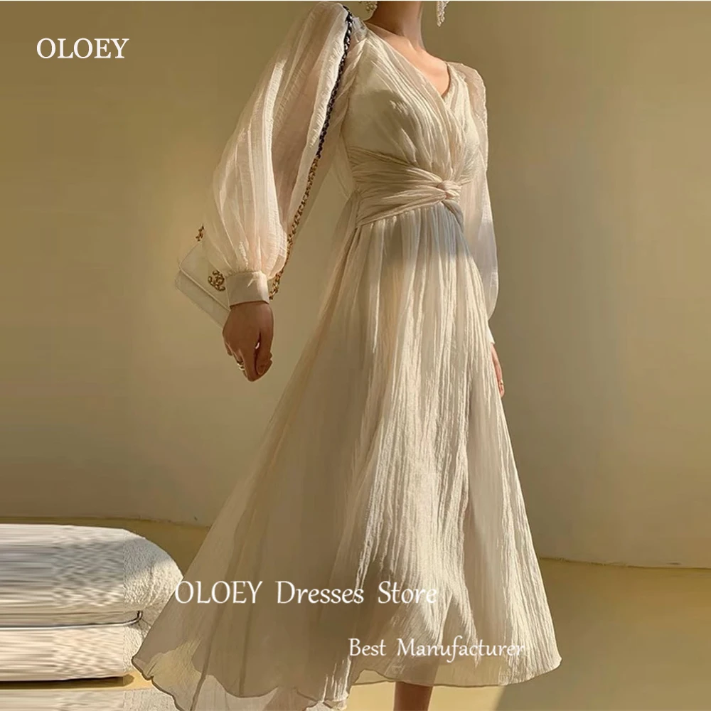 

OLOEY Simple A Line Pleats Silk Chiffon Evening Dresses Korea Puff Long Sleeves V Neck Tea Length Formal Prom Gowns