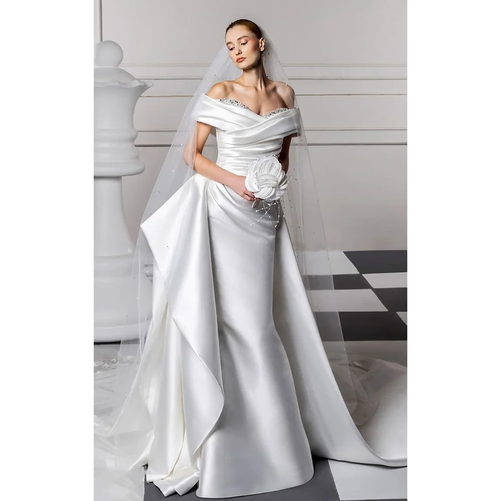Elegant Pure White Off the shoulder Evening Dress With Train New Fashion Female Floor Length Party Prom Gowns