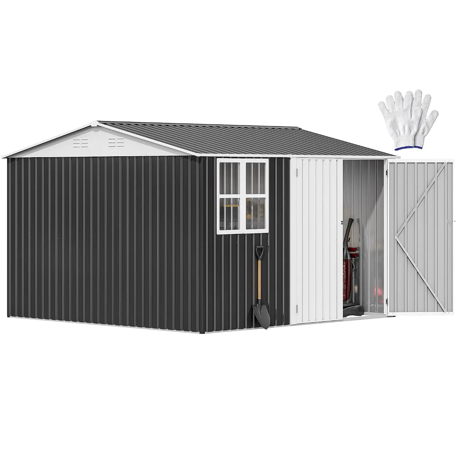 10' x 10' Outdoor Storage Shed, Waterproof Metal Garden Shed with Windows, Lockable Doors, and Sloped Roof for Patio,, Custom
