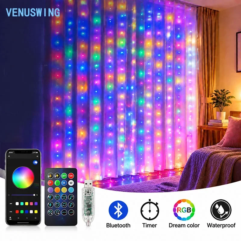 Catena di luci a tenda LED con sincronizzazione musicale USB, RGB, cambio dinamico di colore, impermeabile IP65, luci decorative, modalità scenica, funzione timer, lampada a tenda per finestra con
