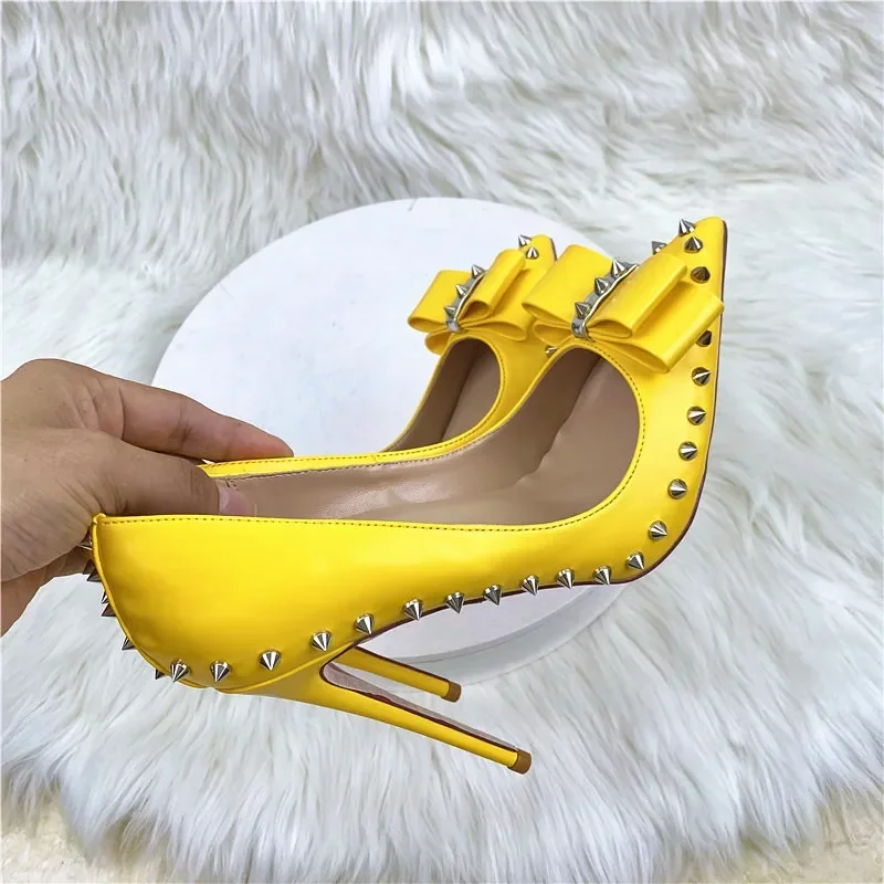 Office Career Women Pumps PU 12CM Stiletto 2023 New Butterfly Rivet Pointed Shallow Mouth Single Shoe Woman Shoe Yellow