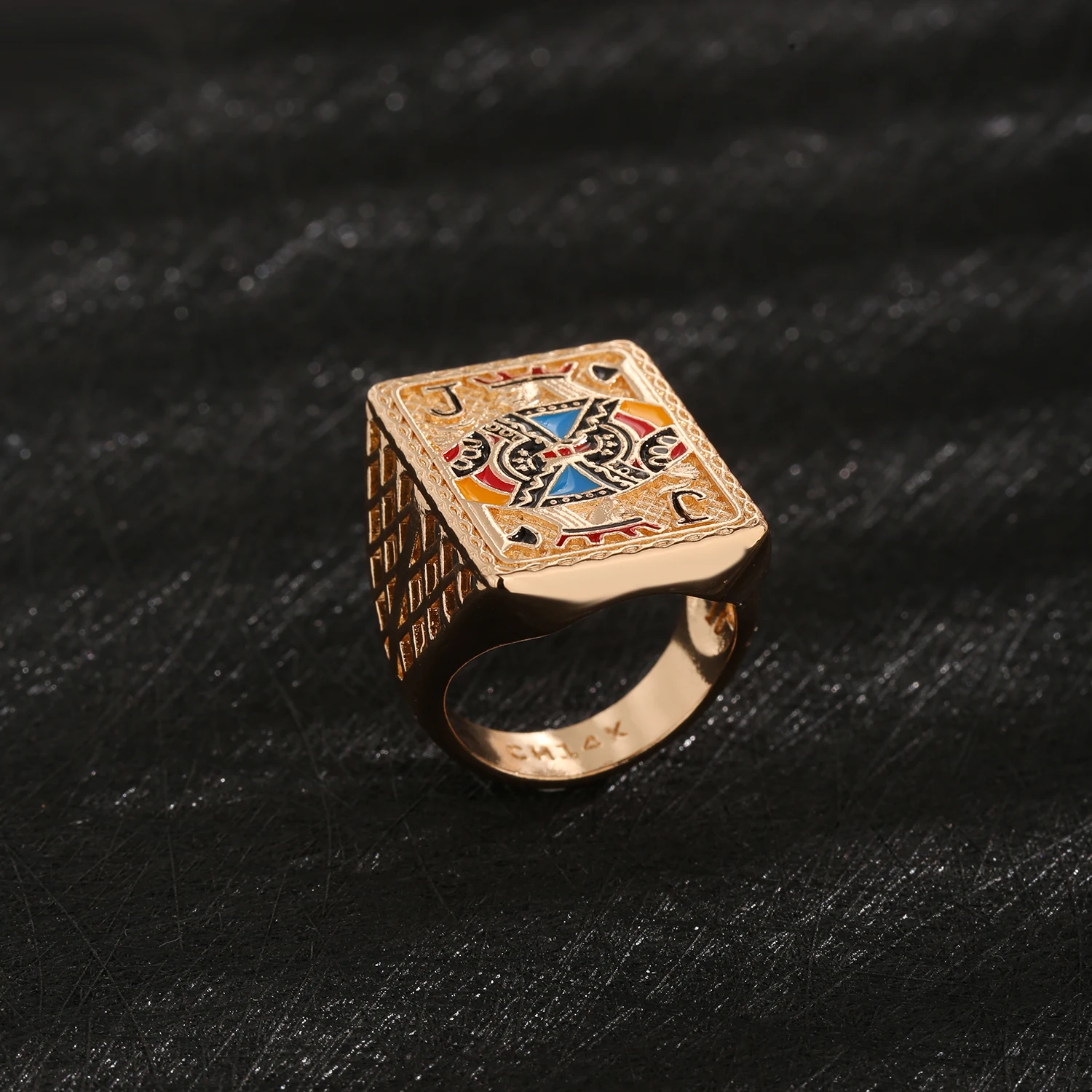 Jack 14K Gold Plated Brass Men's Oversized Hip Hop Zircon Cz Spade King Black Jack Poker Ring Special Price Free Shipping