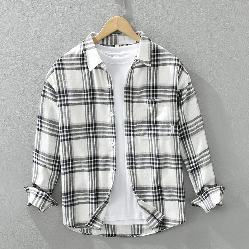 

Retro Plaid Long Sve Casual irt Men's Spring Faion Artistic Trend Pure Cotton Commute Versatile Loose Top