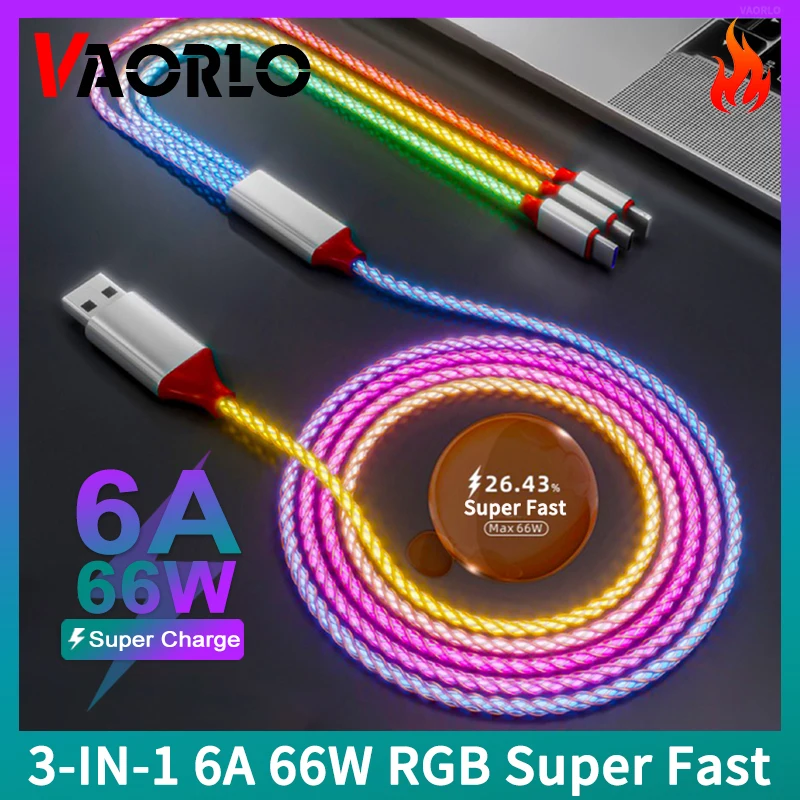 3-в-1 6A 66W RGB супер быстрый зарядный кабель Type-C Micro USB кабель зарядного устройства поток Прохладный красочный светящийся кабель для передачи данных для iPhone Android