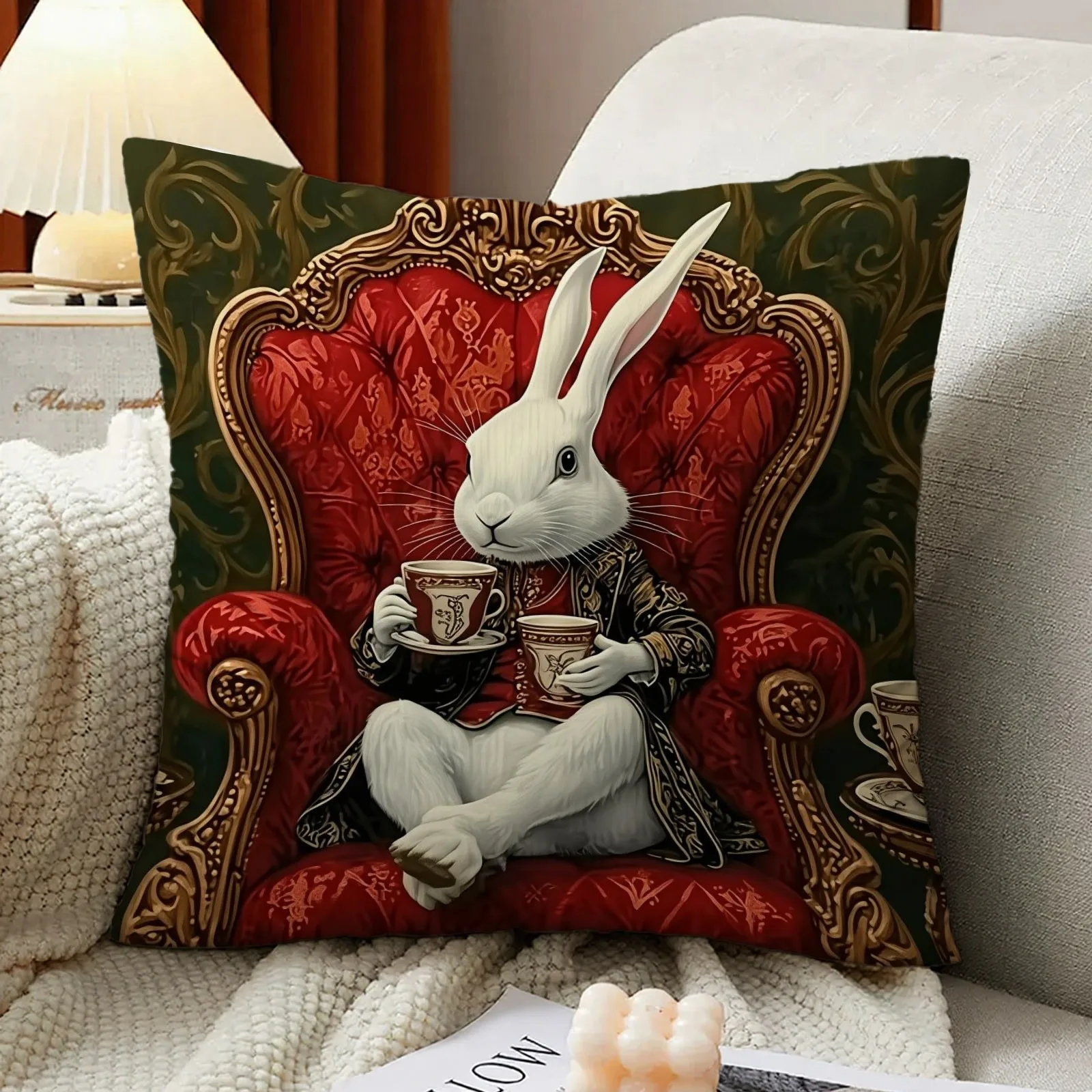 1pc Elegant Victorian White Rabbit Pillow Cover, 2D Double-Sided Print Polyester Pillowcase, Royal Armchair & Tea Cup Decor, Sop