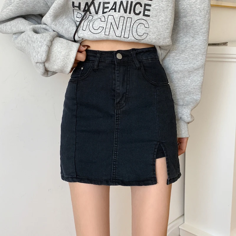 신축성 있는 데님 스커트 사이드 슬릿 여성용 다목적 슬리밍 엉덩이 커버 하이 웨이스트 A 라인 짧은 스커트  Best5