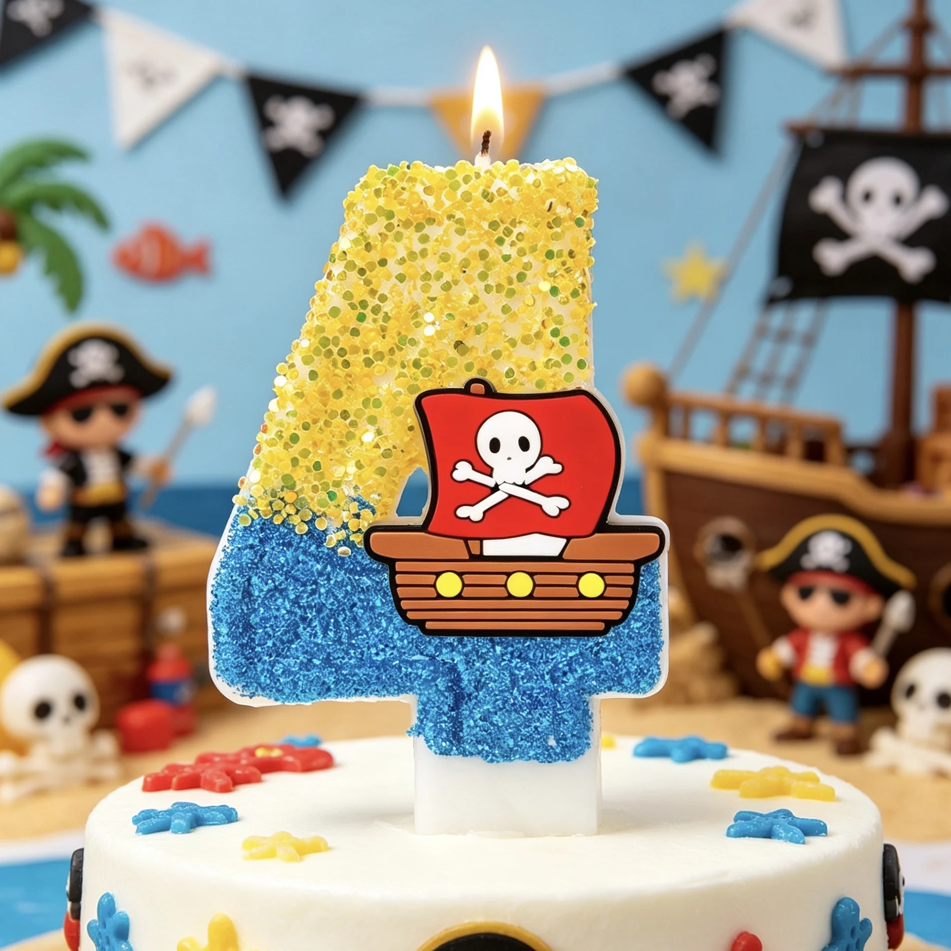 Neuartige Piratenboot-Totenkopf-Flagge Zahlenkerzen mit Glänzenden Pailletten zur Kuchendekoration für Kinder-Piraten-Geburtstagsfeiern