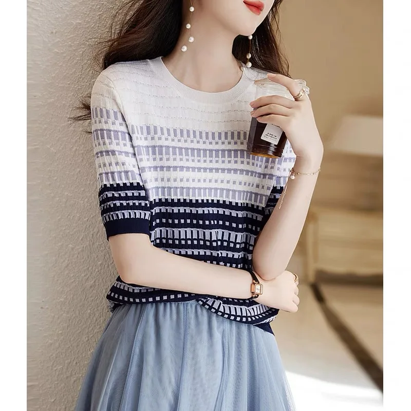 Top redondo de punto de seda de hielo Ne ort Sve para mujer, Top de Color con bordado Floral, patrón coreano Sle Commute Faion