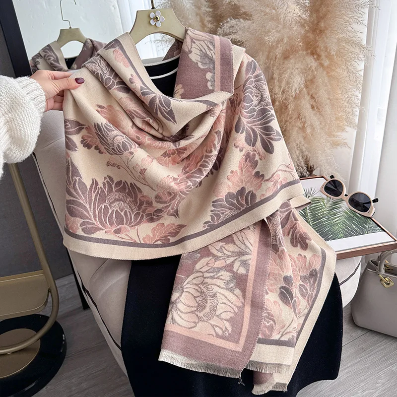Scarf Women Winter Autumn Chinese Style Peony Floral Shawl Wrap Throw Blanket Jacquard Knit Long Scarves For Lady Warm Cape