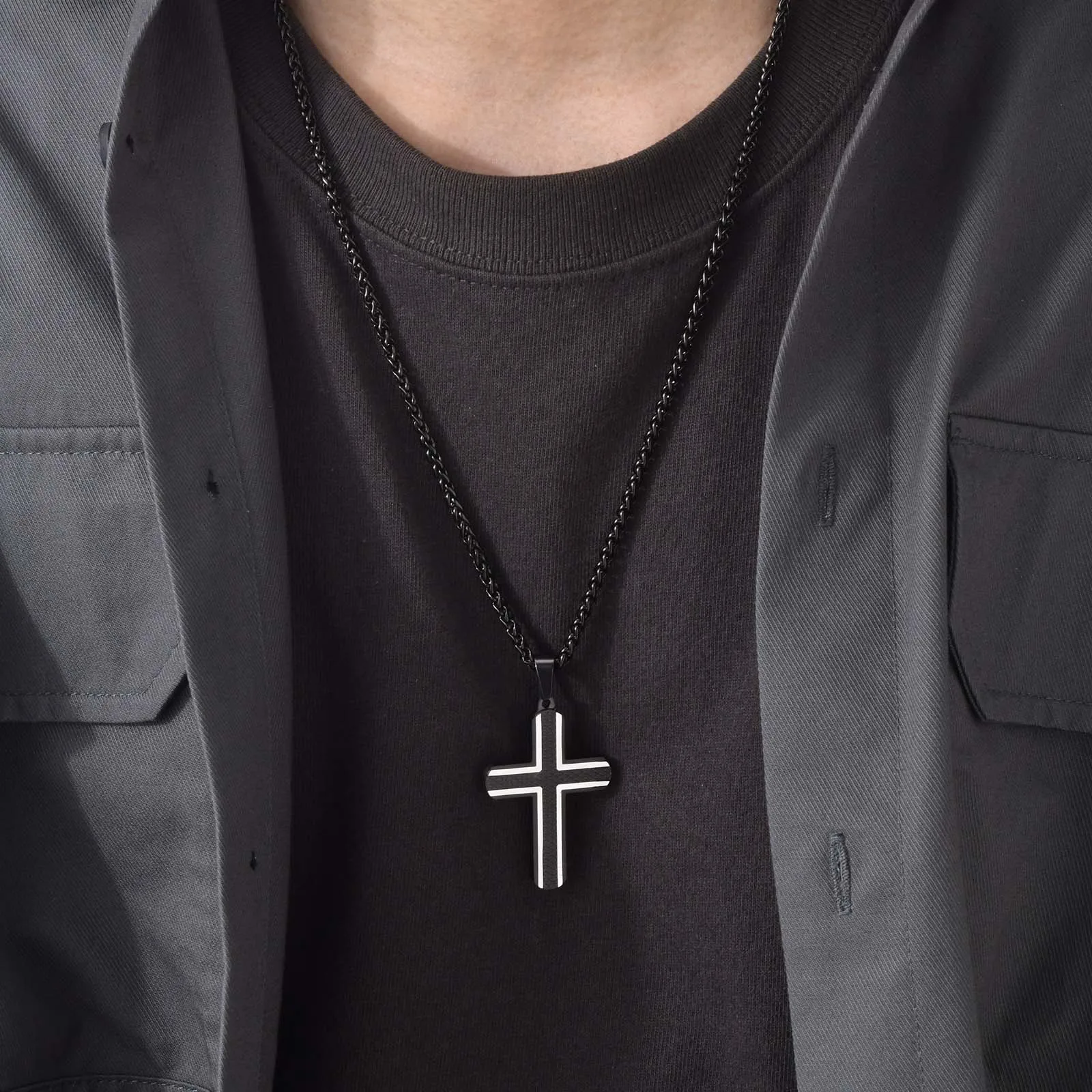 Vnox Cross Necklaces for Men, Blue Black Rhombus Stainless Steel with 60cm Wheat Chain, Stylish Cool Christ Jesus Faith Jewelry