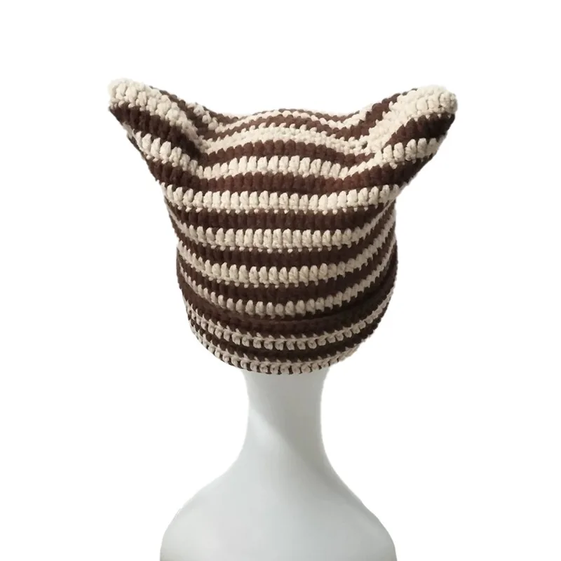 الرجال والنساء للجنسين اليد هوك مخطط الجوف القط الأذن محبوك قبعة الخريف والشتاء سدادات حماية الأذن الدافئة K2y الشارع البلوز متعة قبعة #4