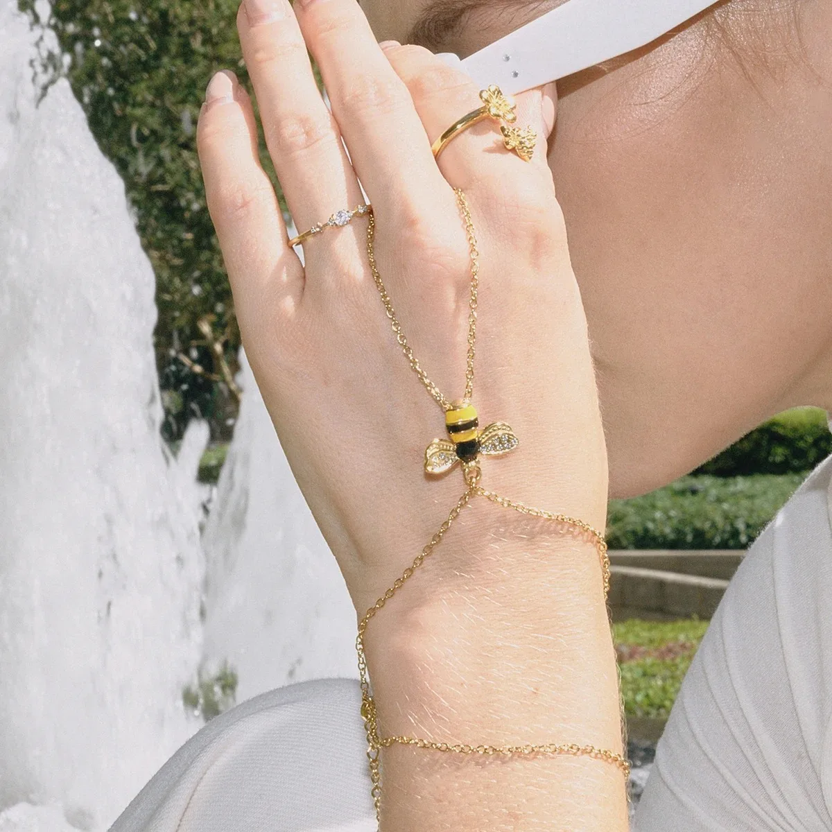 Miia Jewelry Unique Cute Bee Double Layer Finger Chain Bracelet for Women 18K Gold Plated Stainless Steel Jewelry Gifts