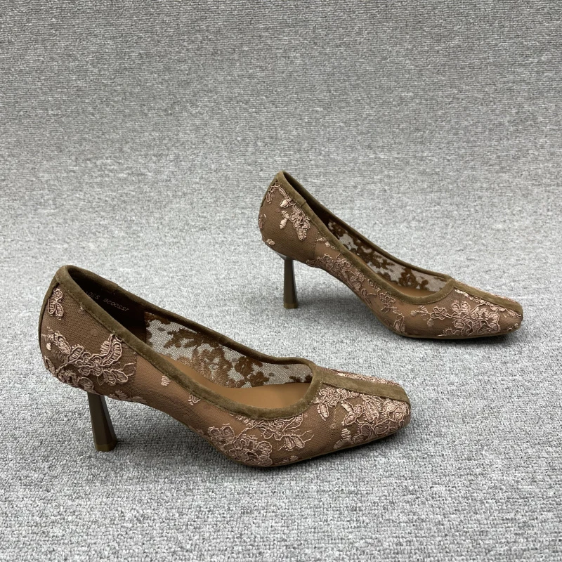 

New Lace Soft Leather Pumps Slim Heel Square Toe Sexy Women's Shoes Breathable Versatile High Heel Single Shoes