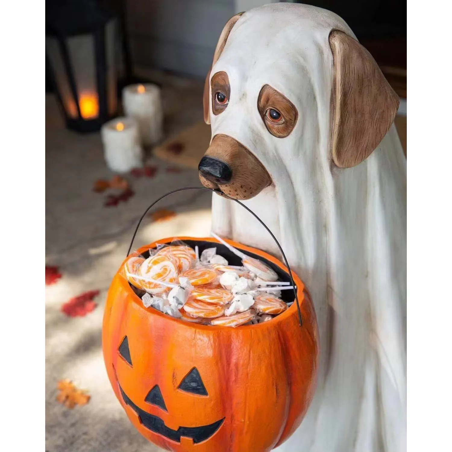 Halloween Outdoor Decoration Resin Figurines Cute Puppy Pumpkin Statue Candy Box Garden Easter Pumpkin Puppy Mischief