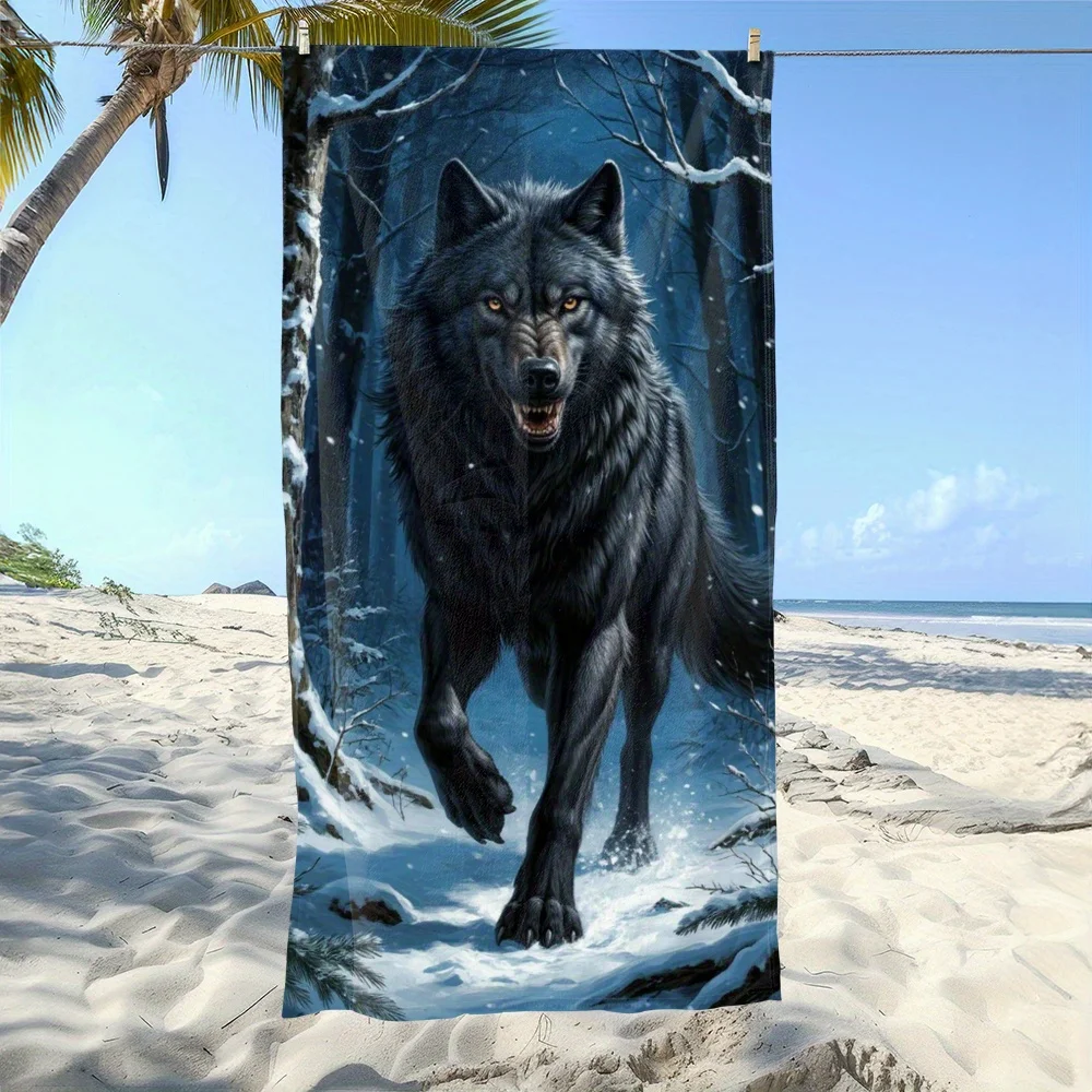 Wolf Beach Towel, Black Wolf Print, Quick Dry Microfiber, Oversized for Beach, Pool, Travel, Gift for Men, Animal Lover