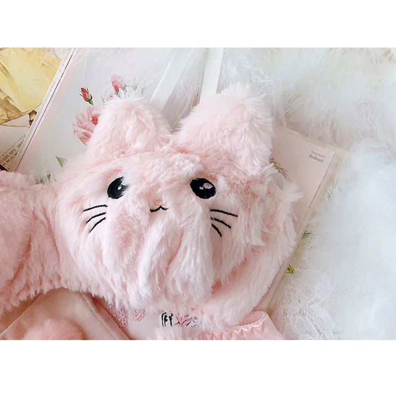 Giapponese Kawaii morbido peluche studente Lingerie ragazza carina donne cartone animato ricamo gatto reggiseno Sexy rosa e bianco senza anello in acciaio Set