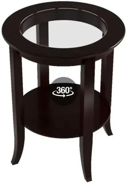 Wood Genoa End Table, Round Side /Accent Table , Inset Glass Espresso