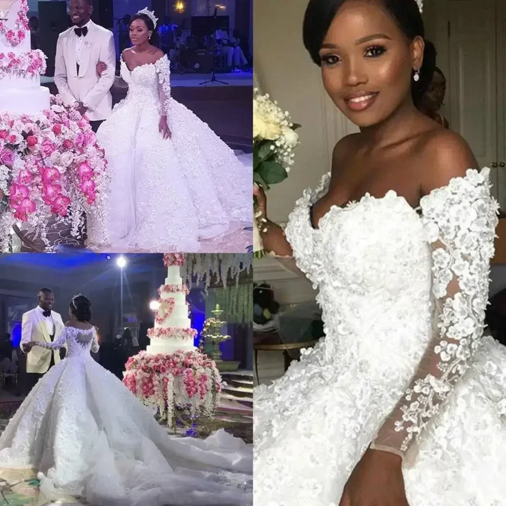 

Customized African 3D Floral Plus Size Wedding Full Sleeves Illusion Back Chapel Train Vestido De Noiva Ball Gown Bridal Dress