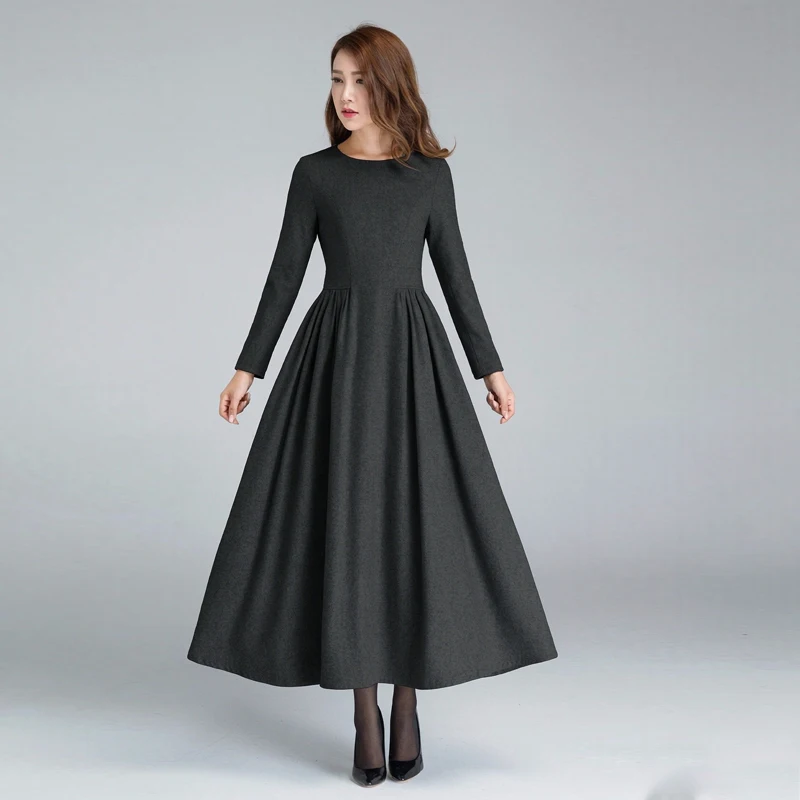 Grey Wool Pleated Dress Women's Fitted Warm Winter Fashion Modern Bng Dress Comfortable Fit Dress for Cold Weather