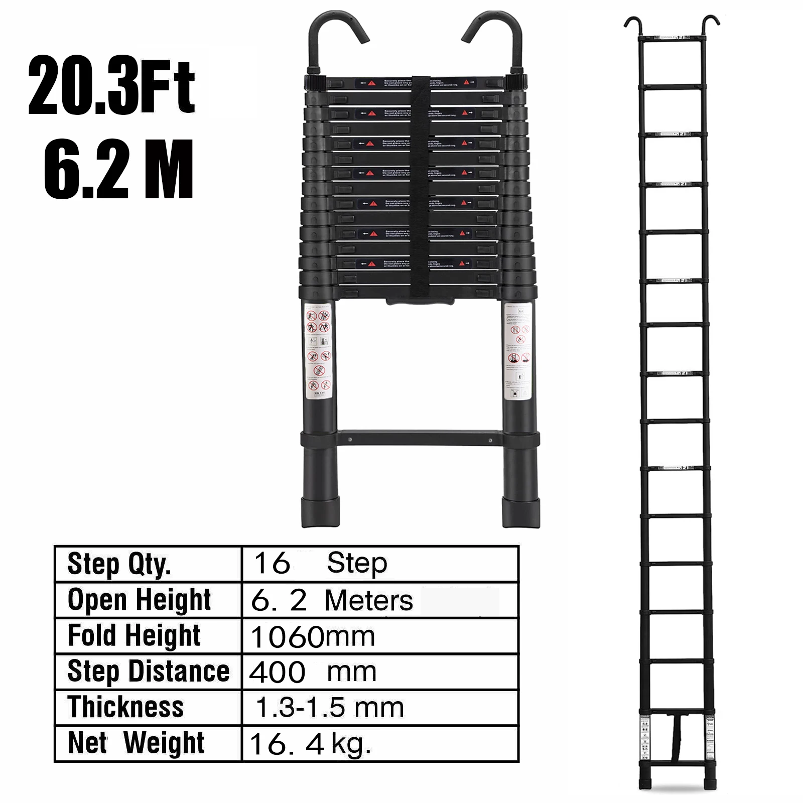 6.2M Telescopic Ladder Heavy Duty Multi-Purpose Aluminium with Non-Slip Feet 330lbs Capacity Extendable DIY