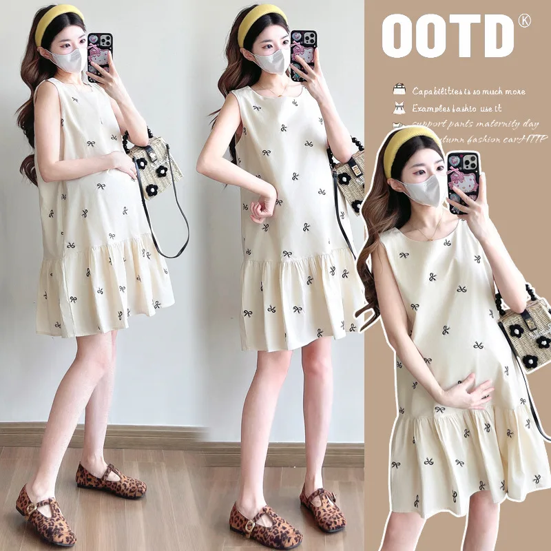 

Pregnant Women's Dress 2025 Summer Fashion French Loose Embroidered Sleeveless Vest Skirt