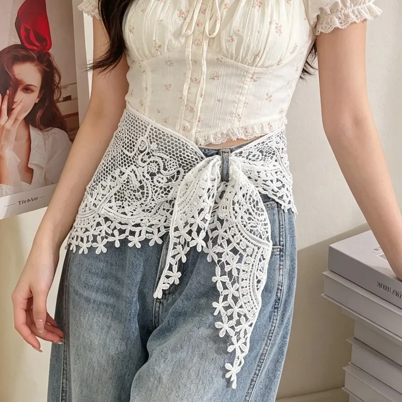 Elegant White Lace Embroidery Flower Triangle Scarf Multifunctional Mesh Skirt Hip Wrap Tummy Cover for Women High Quality Daily