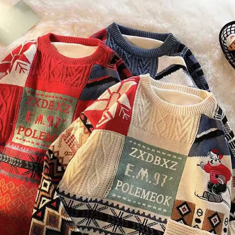 

Retro Knitted Sweater with Bear Pattern Loose Fit round Ne for Men And Women Warm Autumn Winter Top Trendy Youth Sle