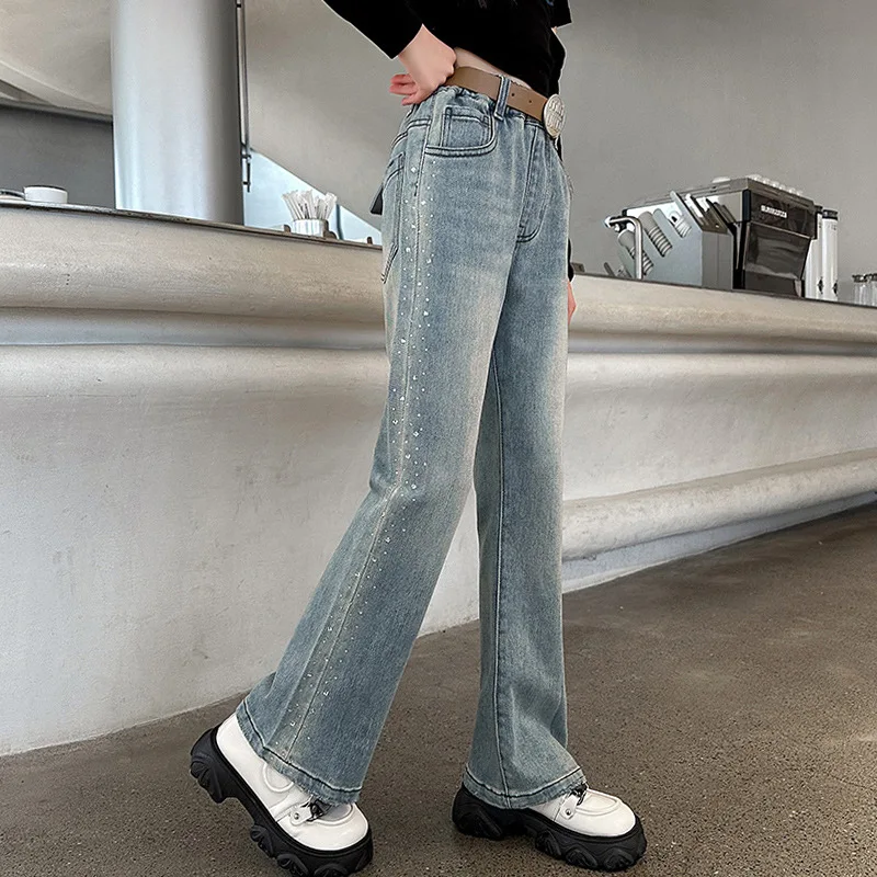 Baby Girl Pants New Big Model 2024 Foreign Style Girl Bell-bottom Jeans Spring Clothing Autumn Micro Cropped Fashion Pants