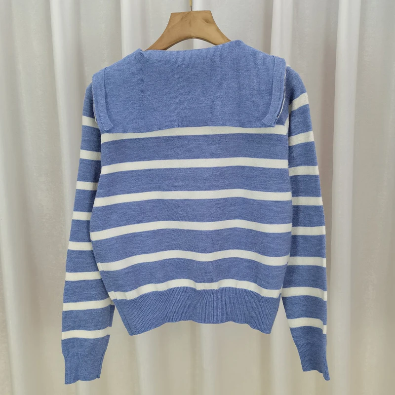 Maglione lavorato a maglia casual allentato a maniche lunghe con cerniera a righe moda autunno inverno per donna