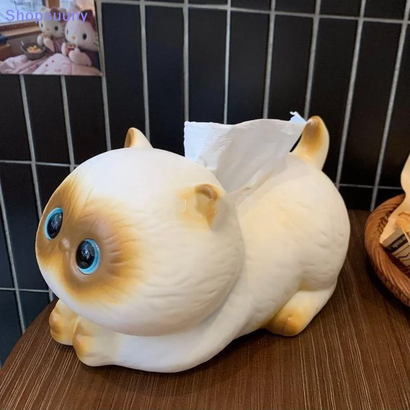 [SU]Cartoon Cat Tissue Box Living Room Desktop Ceramic Paper Box Household High-end Ornament Creative Napkin Paper Box[SU]