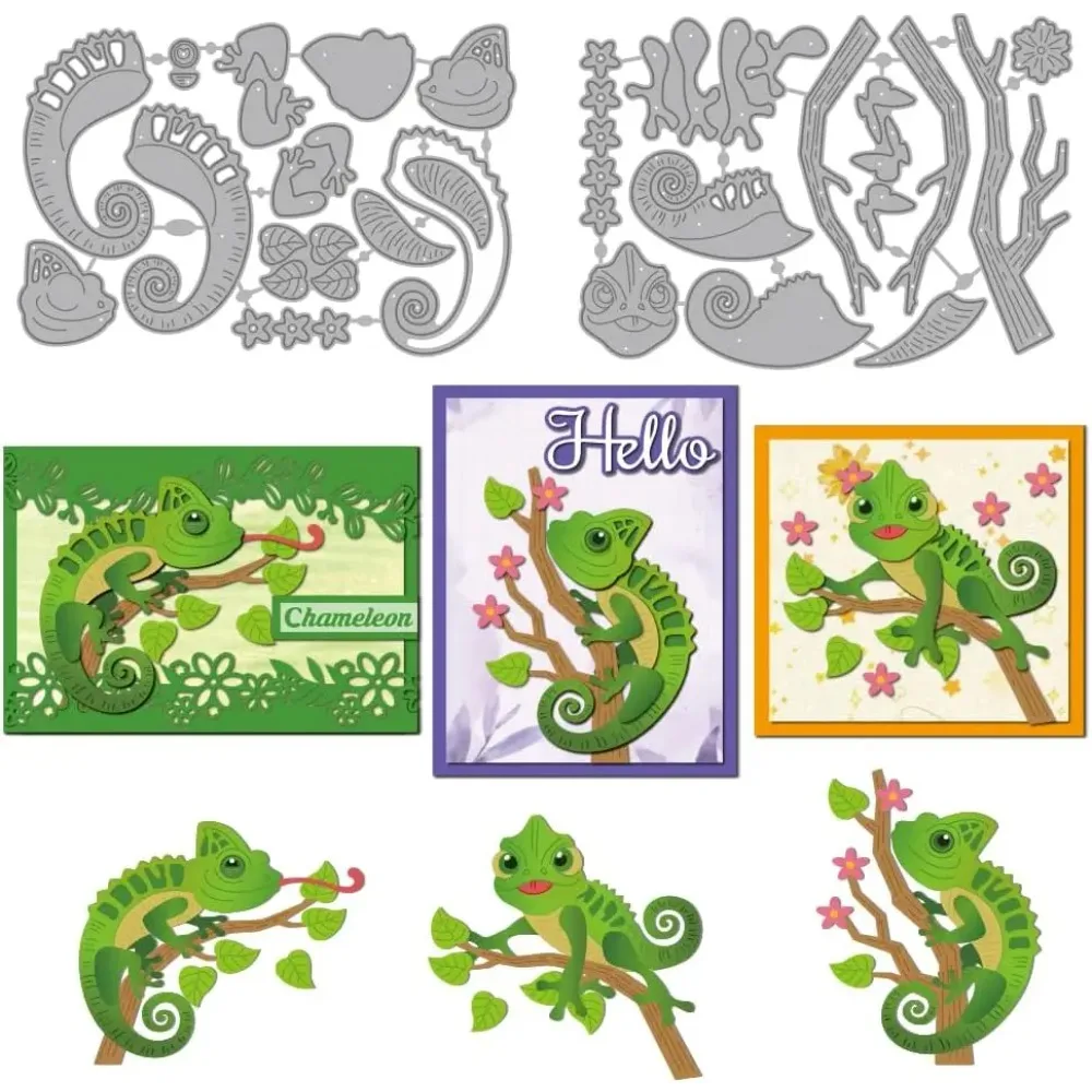 Eidechse mit Pflanzen, Schneideformen aus Kohlenstoffstahl, Schablonen für DIY-Scrapbooking, Fotoalbum, dekorative Prägung, Papierkarten