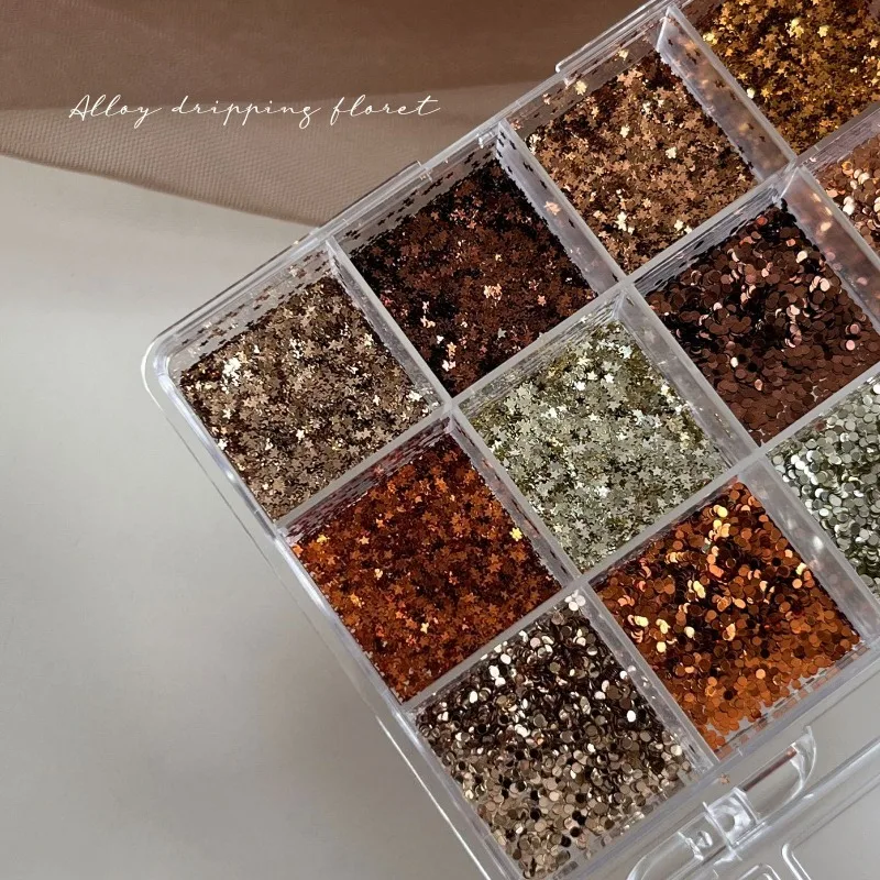 12-Grid Fall Winter Nail Art Glitter Sequins Mix Mocha Gold Dot Star Flakes DIY 3D Nail Decoration Charms for Manicure Design view 3