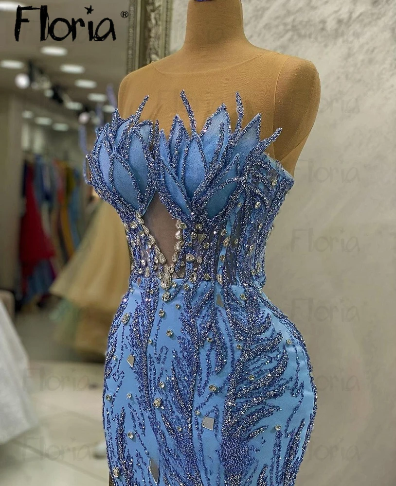 Vestido de fiesta largo hasta el suelo de sirena con cuello de ilusión para mujer, Vestidos de Noche de boda hechos a mano con cuentas azules, vestido de noche Formal elegante para graduación