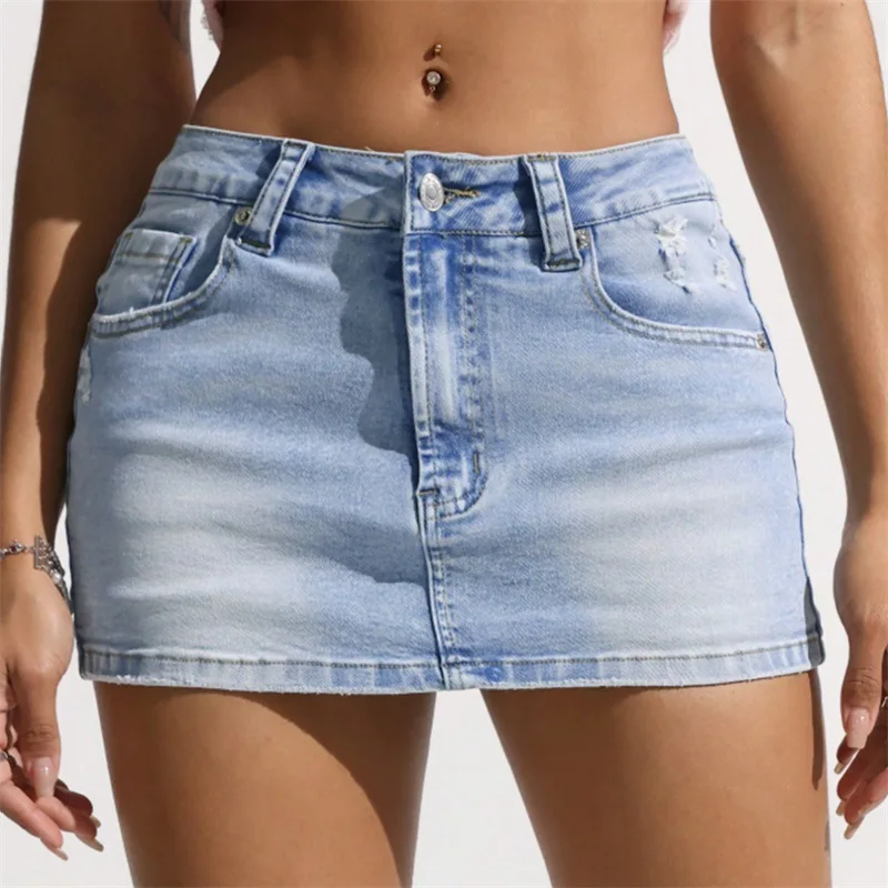 Summer Women's Sexy High-elasticity Hole Low-rise Denim Midi Skirt