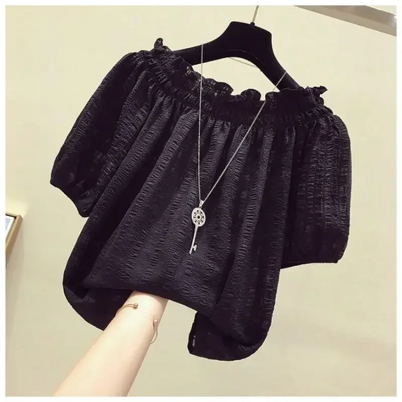 Black Casual Slash Neck Puff Sleeve Chiffon Pullover Women's Blouse Shirt Female Clothing Tops Fashion Short Blouses 2025