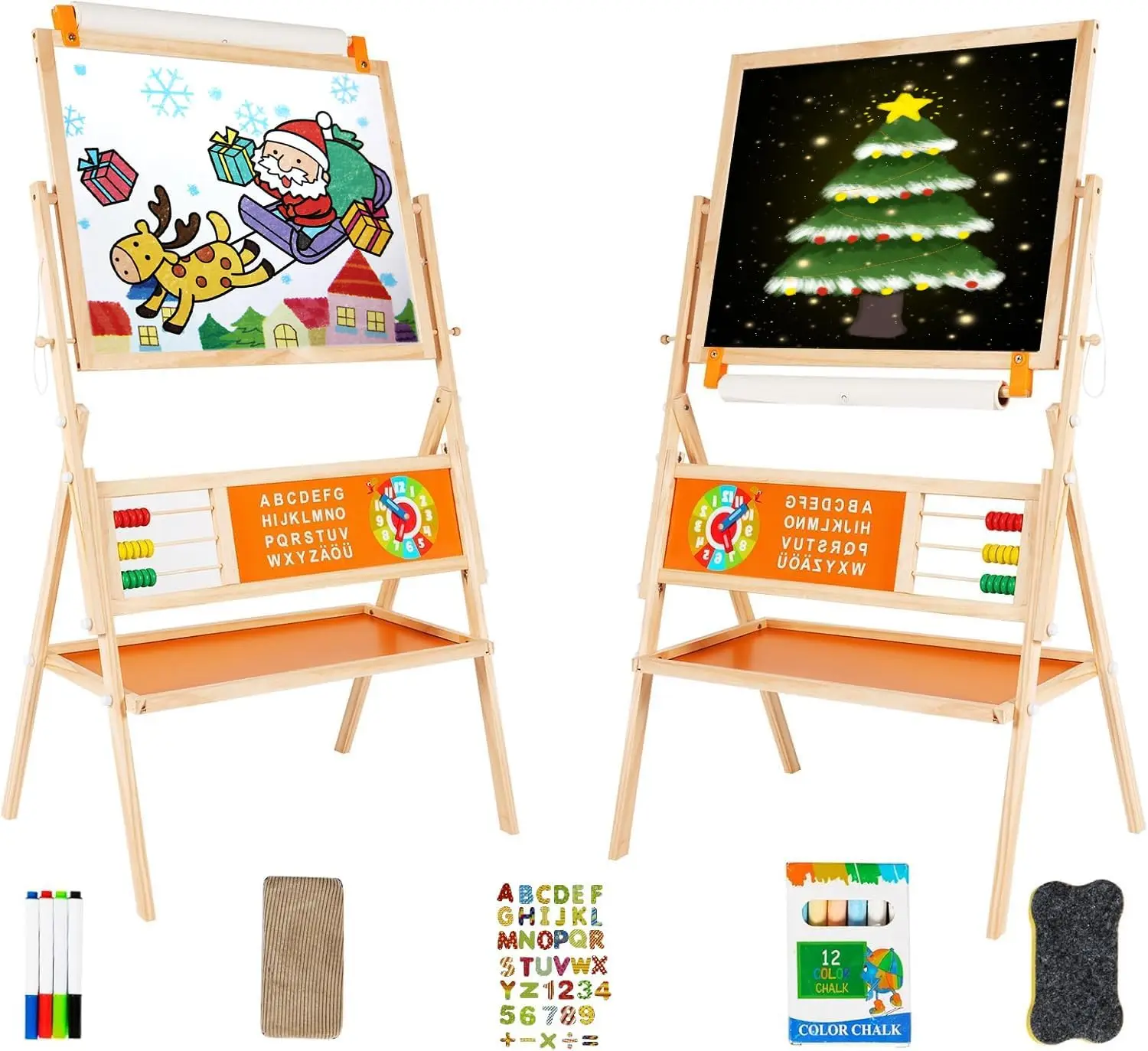 

3-in-1 Wooden Easel for Kids with Magnetic Whiteboard, Chalkboard, Paper Roll Holder and Storage Tray