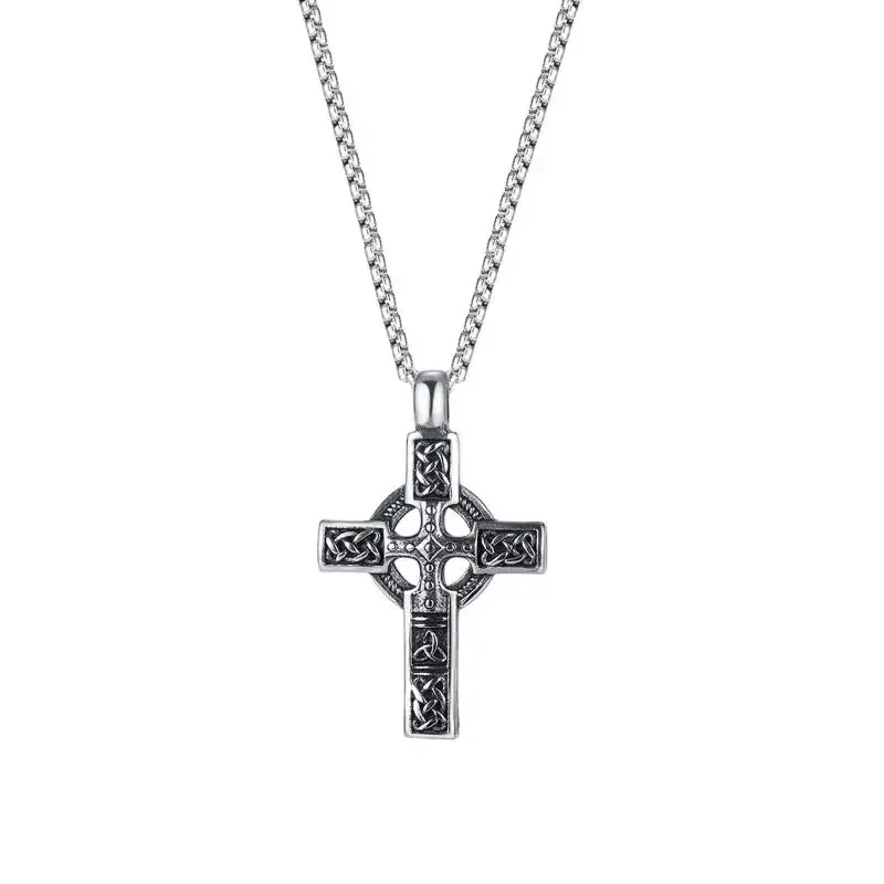 Vintage Nordic Celtic Knot Pattern Cross Necklace Pendant for Men Stainless Steel Chain Jewelry Amulet Necklace Wholesale
