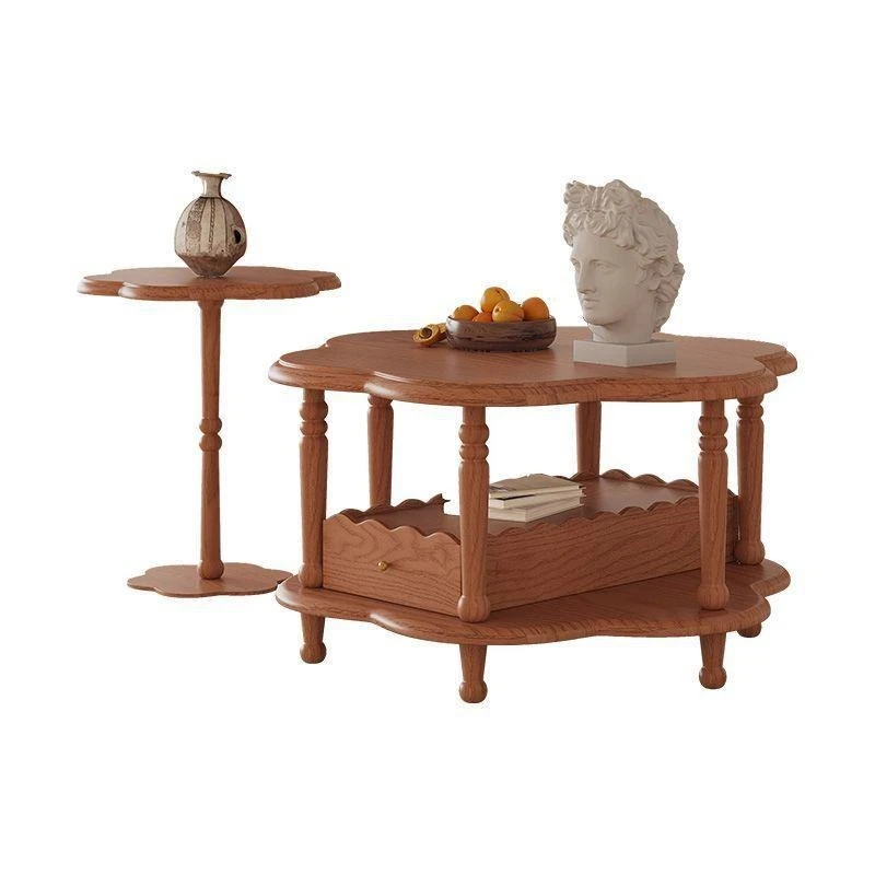 Ash wood solid wood coffee table bedroom combination small apartment double-layer living room home retro petal