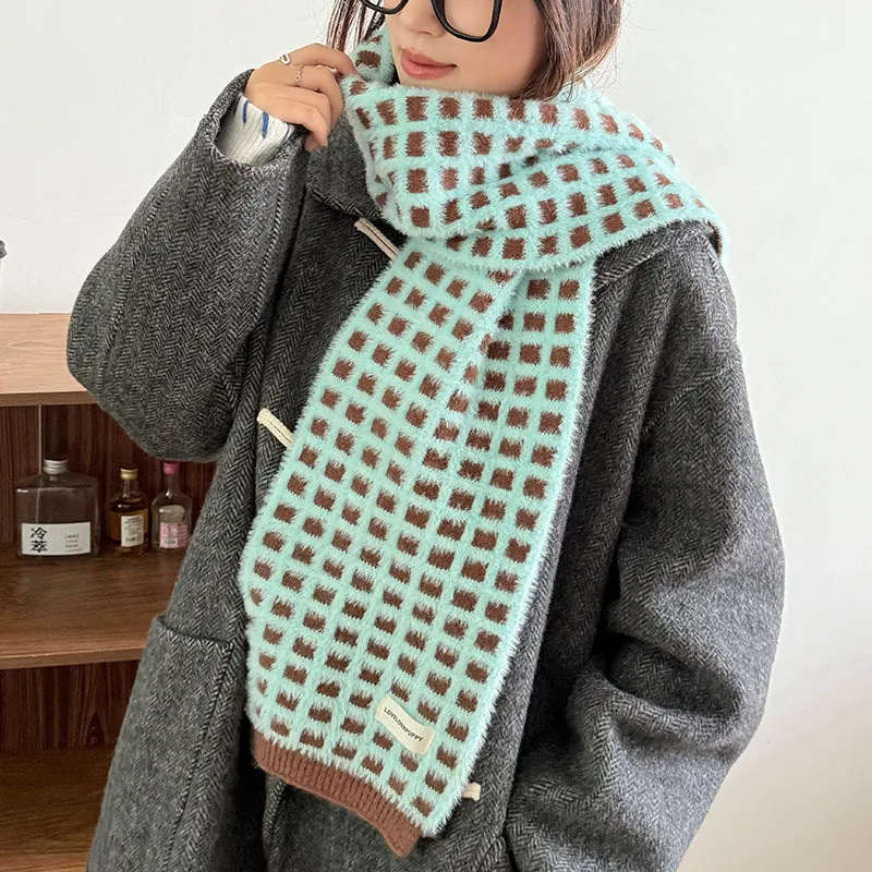 

Women's Winter Cute Scarf Waffle Korean Style Atmosphere Checkerboard Knitted Scarf Autumn And Winter Faux Cashmere Warm Neck