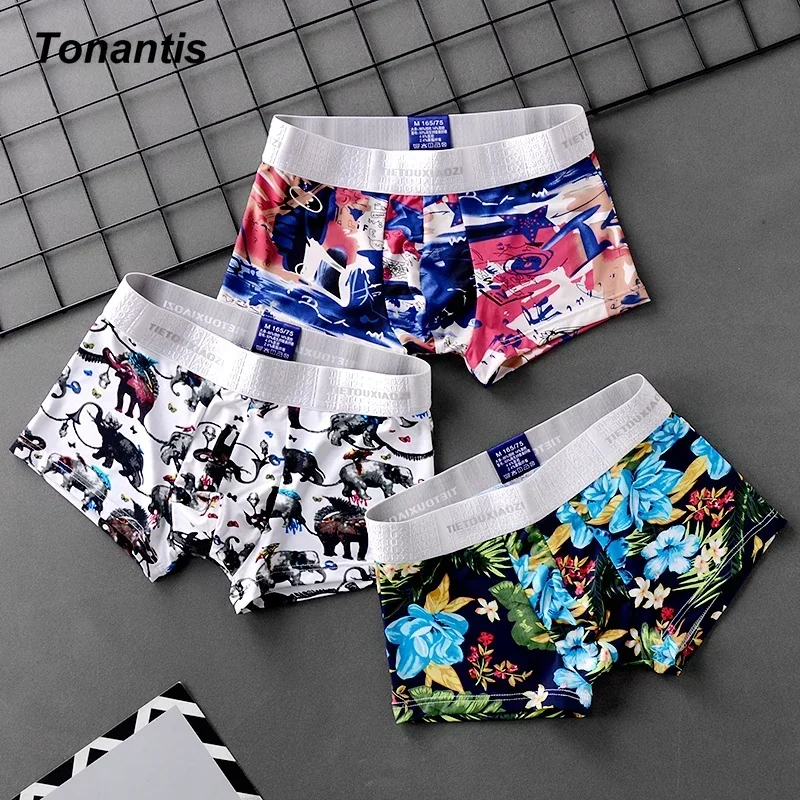 3Pcs/Set Trendy Printing Boxers & Briefs For Men Nylon Ice Silk Ultra-thin Boxer Shorts Korean Breathable Mesh Boxershorts XXXL