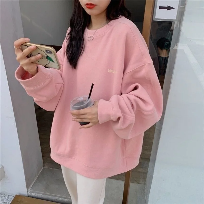 Pink Oversize Hoodies Women 2021 New Spring Autumn O-neck Pullover Sweatshirts Female Korean Style Loose Thin Long Sleeve Tops