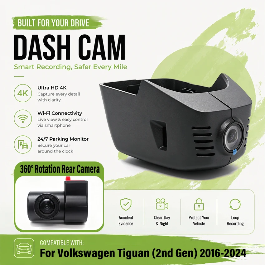 For Volkswagen Tiguan (2nd Gen) 2016-2024 Front and Rear Dash Cam for Car Camera Recorder Dashcam WIFI Car Dvr Recording Devices