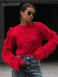 Tassels Patchwork Red Cropped Sweater For Women Fashion O-neck Long Sleeve Knitting Pullover Autumn New Lady Street Knit Outwear