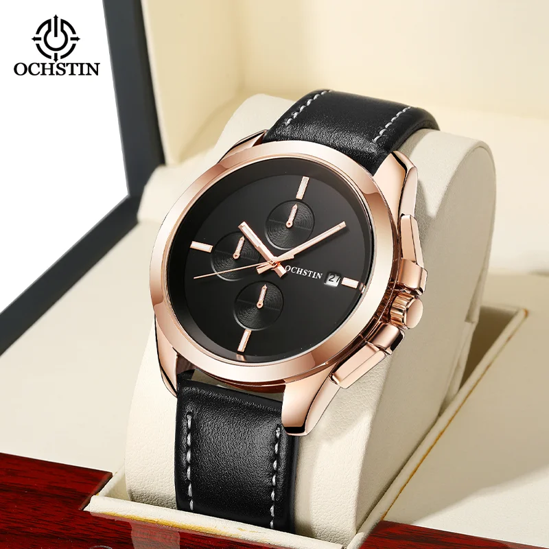 OCHSTIN Man Fashion Aviator Wristwatch Men's Supple Premium Leather Band Precise Multifunctional Chronograph Quartz Clock