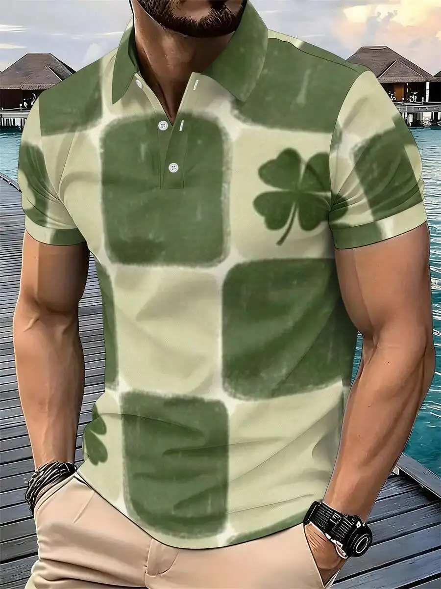 Mens Green Plaid And Four-Leaf Clover Print Shirt Casual Summer Top