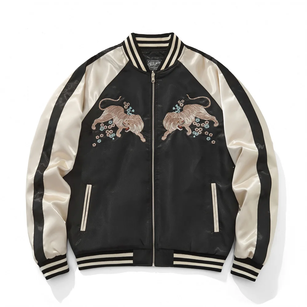 High Quality Men‘s Tiger Sakura Embroidered Jacket, Sukajan Baseball Bomber Jacket for Streetwear Hip Hop Style Coat