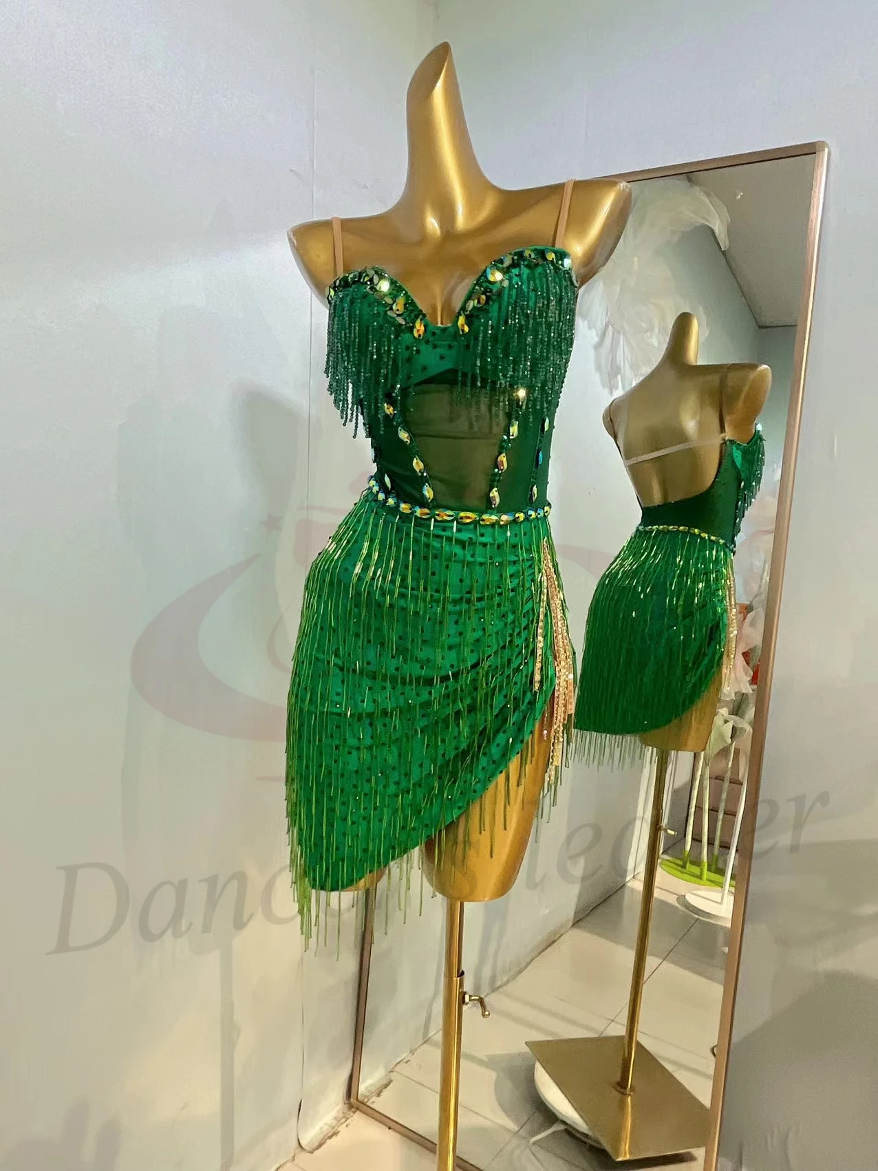 라틴 댄스 경연 대회 여성용 하이 엔드 맞춤형 진주 튜브 술 쉬어 서스펜더 탱고 삼바 퍼포먼스 라인 석 드레스