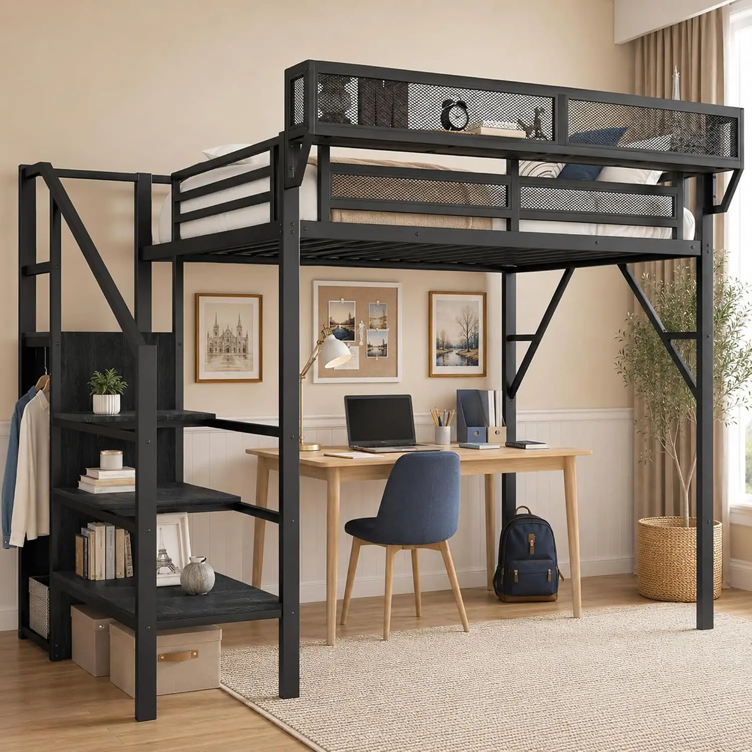 Metal Twin Loft Bed with Stairs, Storage and Wardrobe, Black | Reversible storage stairs, metal frame, separate, Customized