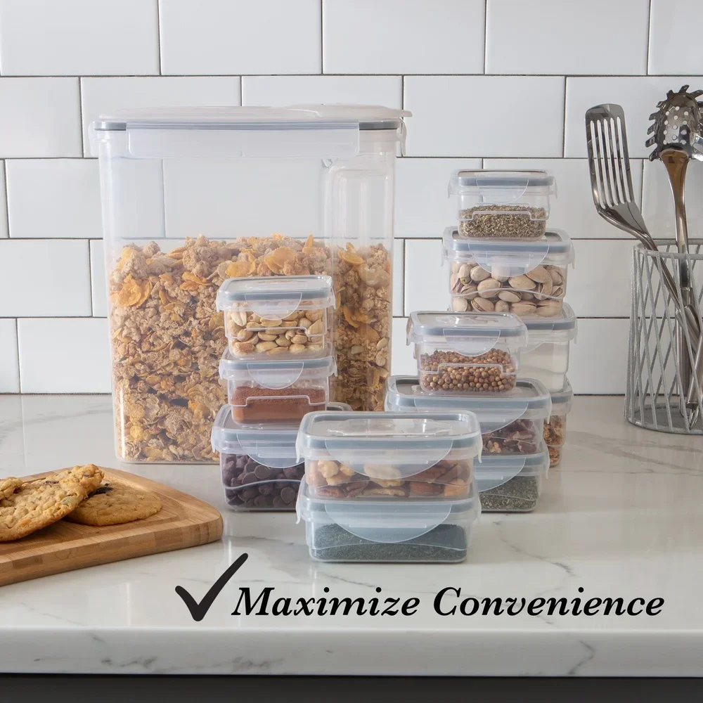 

26-х предметный герметичный контейнер для хранения продуктов питания, не содержит BPA, микроволновая печь, можно мыть в посудомоечной машине, 13 контейнеров, крышки с защелкой, штабелируемые пищевые продукты