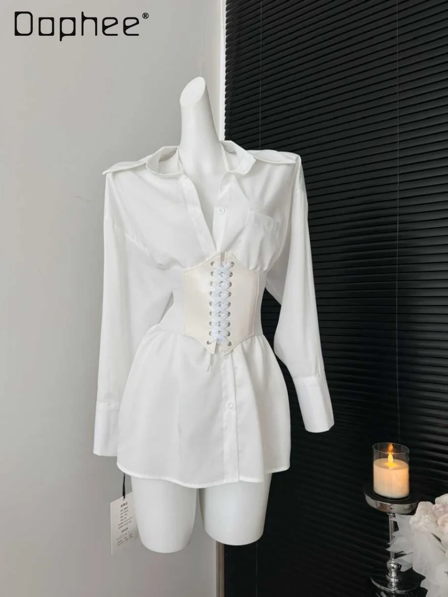 Simple Shirts with Corset Sexy Long Sleeved Lace Up Lapel Single Breasted Slimming Strap Belts Blouse Korean Chic Female Trend